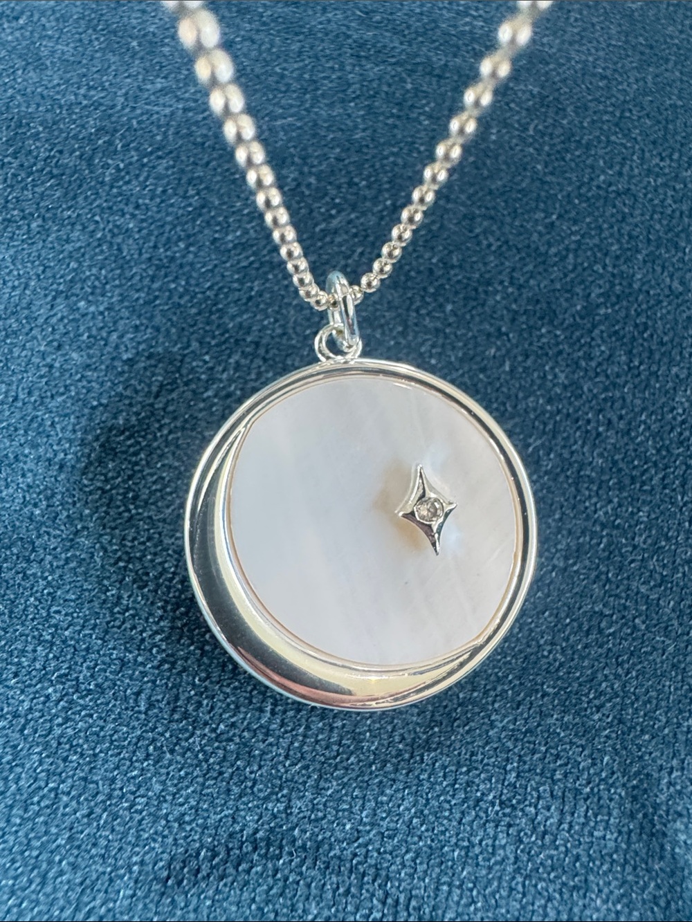Plated Silver Round Pendant Necklace with Star Accent - White